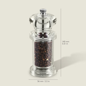 #pepper
The Cole & Mason 505 Salt & Pepper Mill features a clear acrylic design, adjustable settings, and comes filled with black peppercorns. Dimensions: height 140 mm (5.51 in), base diameter 56 mm (2.2 in).