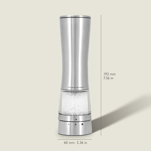 Sleek, tall Cole & Mason Electric Derwent Salt Mill in silver, featuring a transparent lower section that displays the salt crystals; measures 192 mm (7.56 in) in height and 60 mm (2.36 in) in width with the Cole & Mason logo on the grinder.