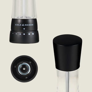 #pepper  Three views of the Cole & Mason Derwent Matt Black Salt & Pepper Mills: a front close-up with branding, a top view of the grinding mechanism, and a side view showing the black cap and clear acrylic body.