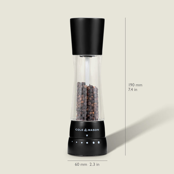 #pepper The Cole & Mason Derwent Matt Black Salt & Pepper Mill features a black and clear acrylic body, filled with peppercorns, stands 190 mm (7.4 in) tall and 60 mm (2.3 in) wide, and includes adjustable grind settings.