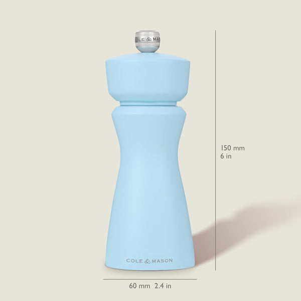 The Cole & Mason Kenton Blue Salt & Pepper Mill stands upright against a neutral background, featuring a durable ceramic mechanism, refillable design, and measuring 150 mm (6 in) tall by 60 mm (2.4 in) wide.