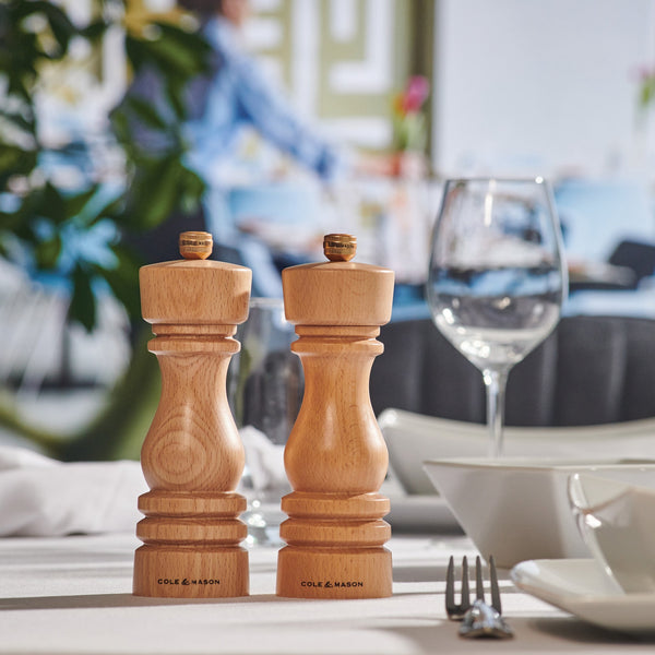 #180mm
Cole & Mason London 180mm beech wood mill set on a bright dining table