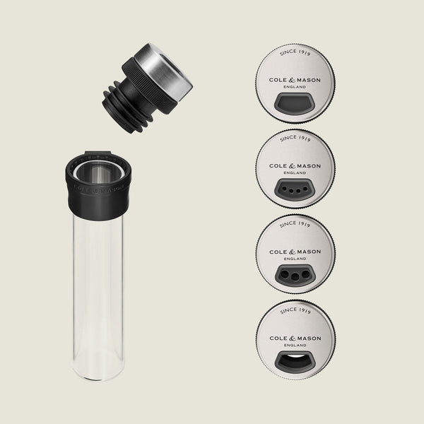 The Shadwell Drawer-Fit Spice Storage by Cole & Mason features a spice jar with a removable metallic lid, plus four adjustable lids—ideal for organizing herbs and spices in your kitchen drawer.